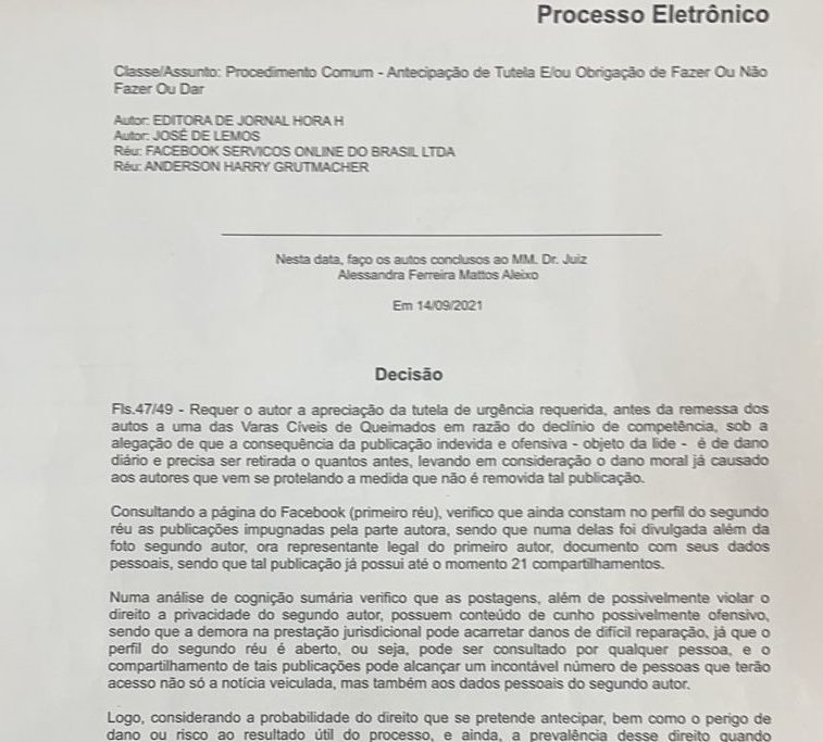 Decisão da juíza Alessandra Ferreira Mattos Aleixo, da 5ª Vara Cível da Comarca de Nova Iguaçu, determinando a retirada das publicações/Reprodução