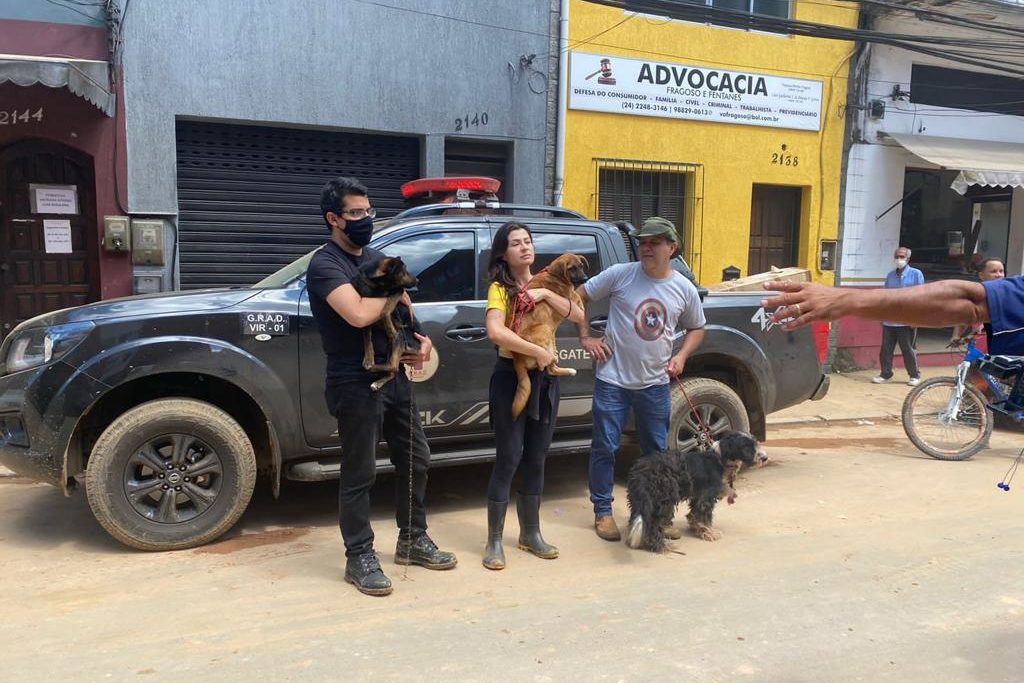 O secretário da SEAPPA, Marcelo Queiroz, e equipe com cães resgatados no cenário da tragédia 