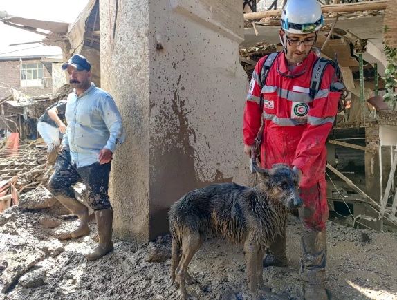 Um agente de resgate com um cachorro em Imamzadeh Davoud, no Irã/Crescente Vermelha do Irã/Via Reuters